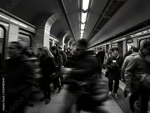 People Walking Through a Busy Subway Station with Urban Commuters and Public Transportation Atmosphere
