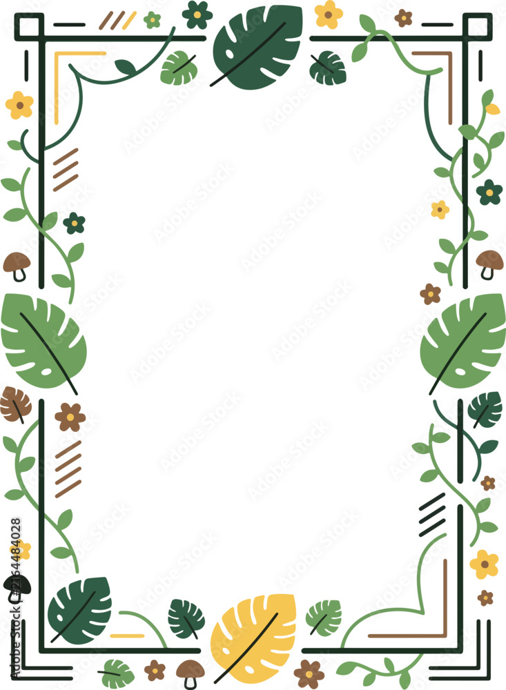 Fototapeta premium Cute Jungle Botanical Border Frame Flat Design - Tropical Leaf Frame with Greenery and Floral Elements for Layout