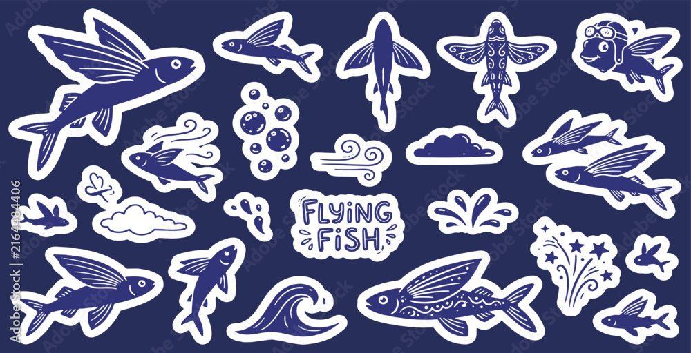 Fototapeta premium A collection of blue and white cartoon stickers featuring various flying fish, ocean elements like waves and bubbles, and weather symbols such as clouds and wind.