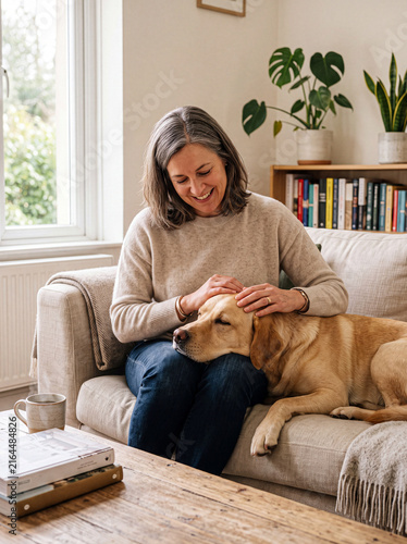 Woman stroking dog resting on her lap at home