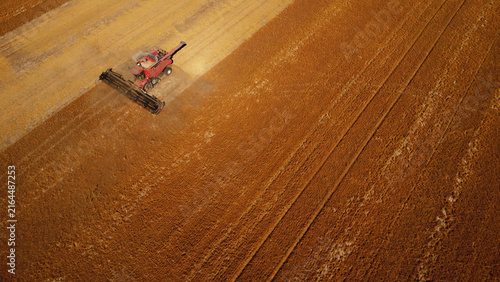 Photography Aerial Top-Down View of Combine Harvester Cutting Golden Field