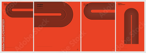 Minimalist abstract geometric poster design series featuring fluid dark brown line patterns on a bold vibrant orange background