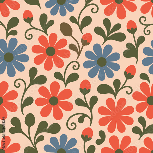 Mid Century Daisy Floral Seamless Pattern