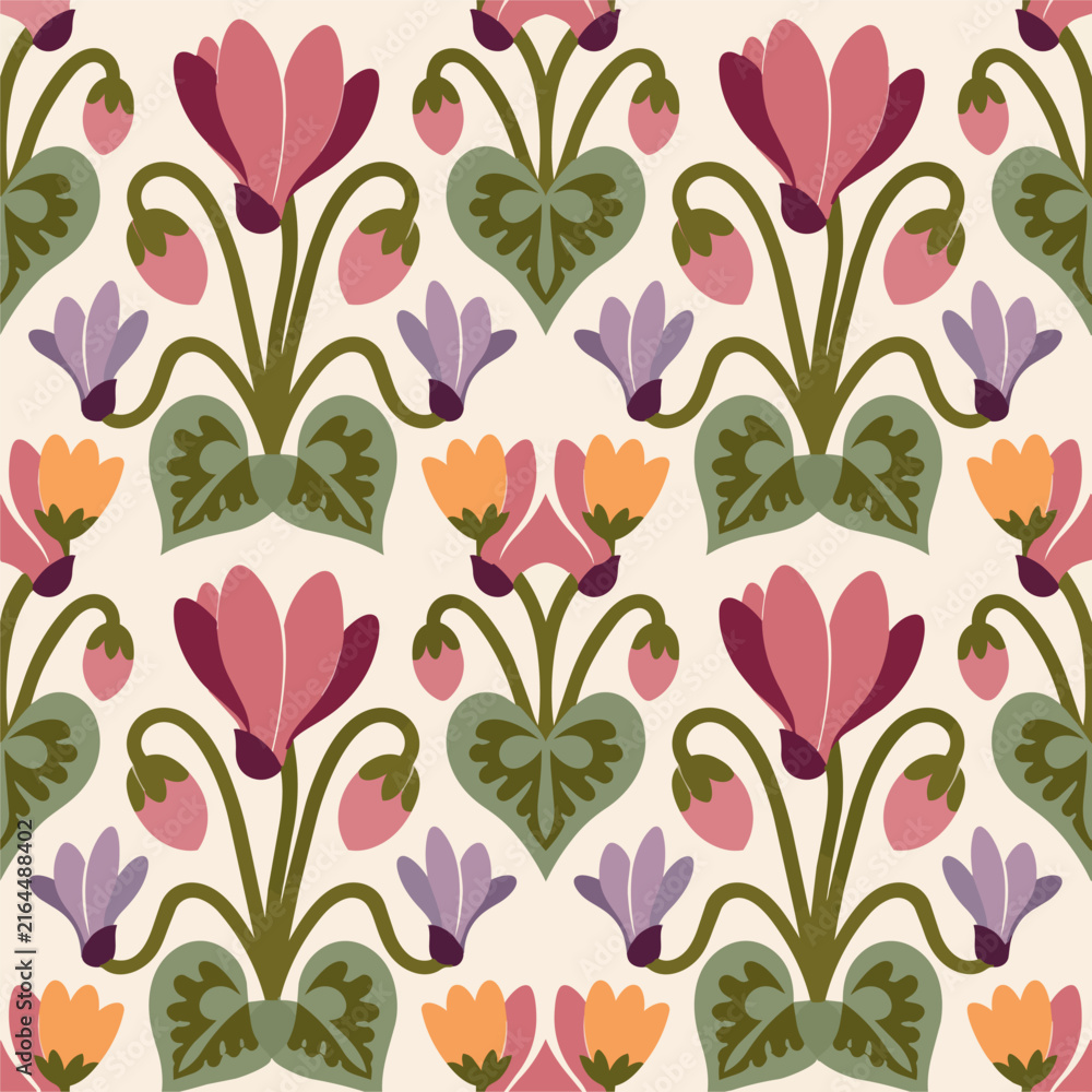 Fototapeta premium Nordic Folk Cyclamen Floral Seamless Pattern Source