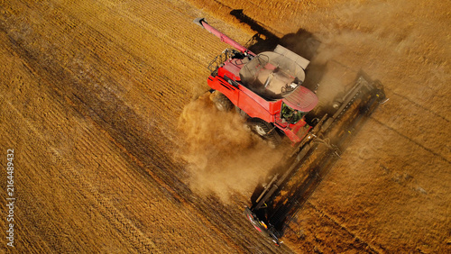 Konstfotografi A high-angle top-down aerial drone photograph capturing a large red combine harvester kicking up a thick cloud of golden dust as it operates across a harvested grain field