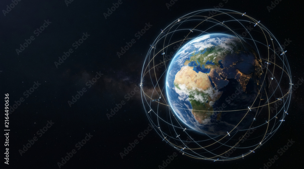 Naklejka premium Earth planet surrounded by a global satellite communication network in outer space