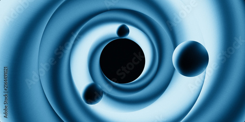 Abstract blue swirling vortex with floating spheres against a dark background with grainy noise texture. Hand crafted digital abstract background.