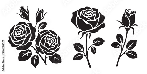 Elegant black rose stencil flower graphics with sharp thorns and leaves vector collection for art prints.