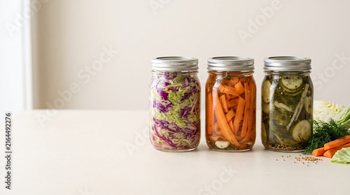 Fermented vegetable jars with pickled cabbage, carrots, and cucumbers. Healthy probiotic preserved food in glass mason jars.