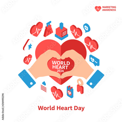 Hands forming heart shape with medical icon set.