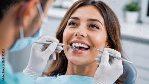 A smiling woman undergoing a dental checkup with a dentist using dental tools to examine her teeth in a bright, clinical setting.