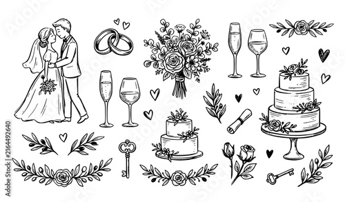 Hand drawn wedding set with bride and groom couple wedding rings flower bouquet wine glasses cake and vintage key elements, sketch illustration