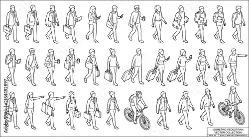 Isometric Pedestrian CAD Figure Outline Collection with Walking People, Business Characters and Urban Lifestyle Poses