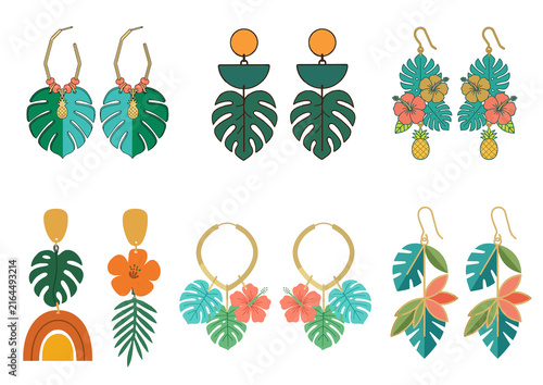 Collection of tropical earrings. Statement fashion accessory.  Isolated on a transparent background.