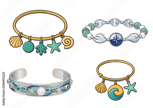 Collection of statement coastal bracelets. Fashion accessory. Isolated on a transparent background.