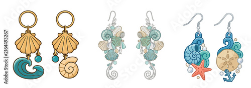 Collection of whimsical seashell earrings. Luxury resort accessories. Isolated on a transparent background.