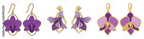 Statement orchid earrings collection. Isolated on a transparent background.