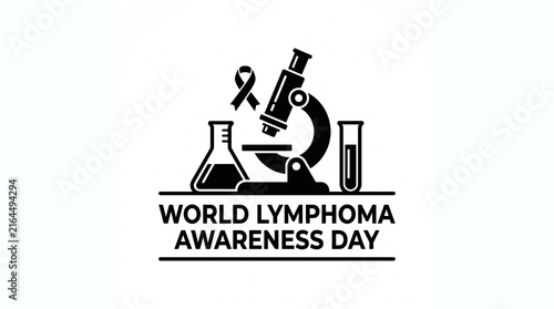 World Lymphoma Awareness Day black white graphic microscope flask test tube ribbon symbol scientific research cancer education lymphatic system global health campaign   generative ai