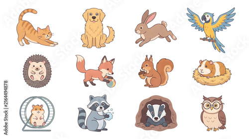 Adorable collection of colorful cartoon forest animals and domestic pets rendered in a cute flat artistic style on transparent background