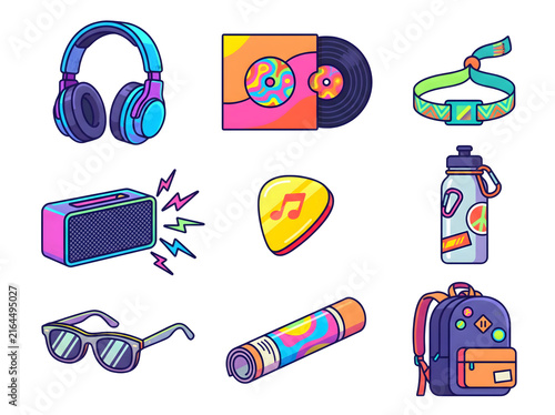 Vibrant musical festival gear collection featuring colorful retro illustrations of headphones records speakers and accessories isolated on transparent background