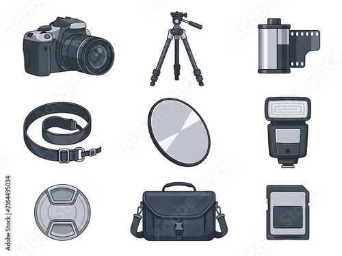 Detailed photography equipment set featuring camera tripod film flash and accessories drawn in vibrant vector style on transparent background