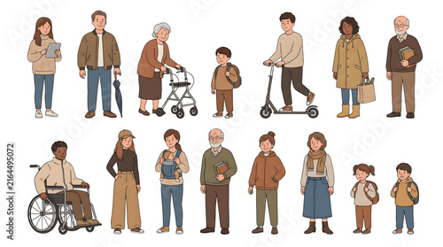 Diverse group of people in various ages and lifestyles illustrated with soft earth tone colors displayed on transparent background
