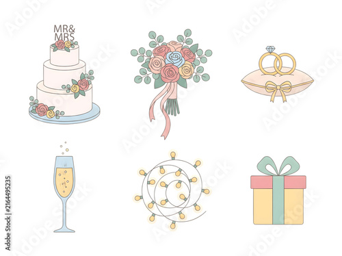 Wedding celebration icons including cake bouquet rings champagne lights and gift box illustrated in a flat cute style on transparent background