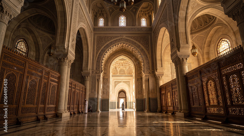 Stunning interior of a grand mosque with ornate Islamic architecture, intricate geometric patterns, arabesque tiles and calligraphy. Golden sunlight filtering through 
