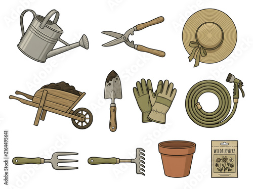 Detailed garden tool collection including wheelbarrow shovel rake hat and watering can rendered in a vintage cartoon style on transparent background
