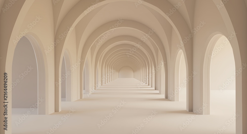 Fototapeta premium Minimalist architectural corridor with repeating arches and soft beige lighting.