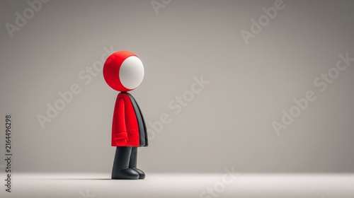 Stylized minimalist figurine wearing red coat standing facing left toy