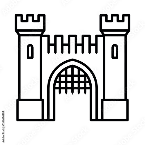 Canvas Print Medieval castle gate line icon, fortress stone tower vector illustration, ancien