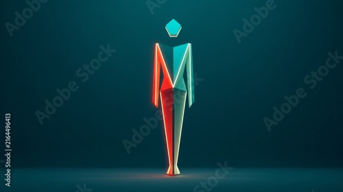 Futuristic geometric human figure illuminated by neon light glowing cyan