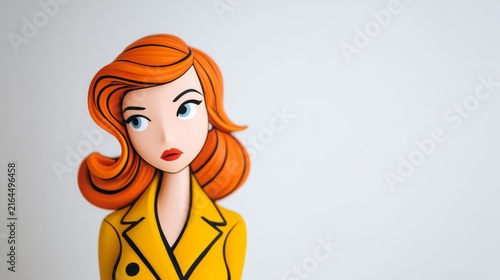 Retro redheaded woman figurine with orange hair and yellow coat redhair