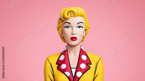 Stylized blonde mannequin bust with yellow hair and polka dot collar woman
