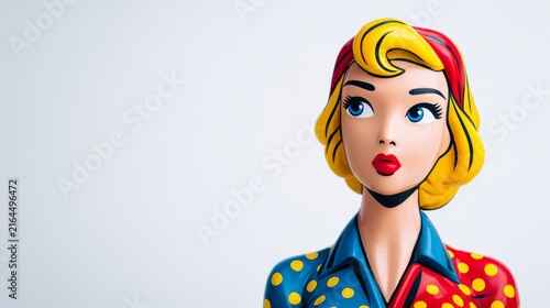 Pop art style mannequin head with blonde hair and polka dot clothing woman