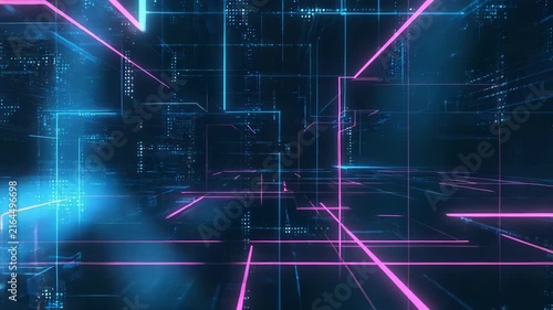 A digital of a futuristic computerized space with neon lights.