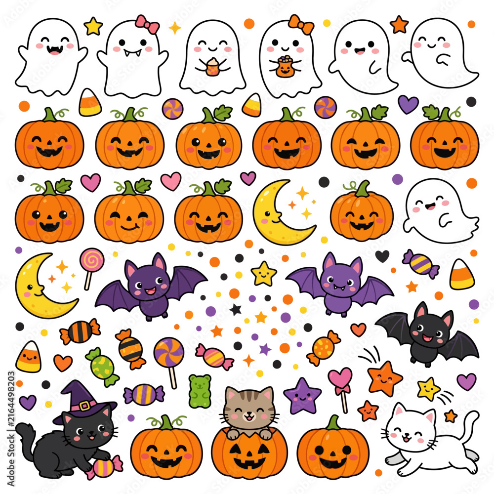 Fototapeta premium Adorable Kawaii Halloween Decoration Set with Cute Ghosts, Pumpkins, Bats, and Cats