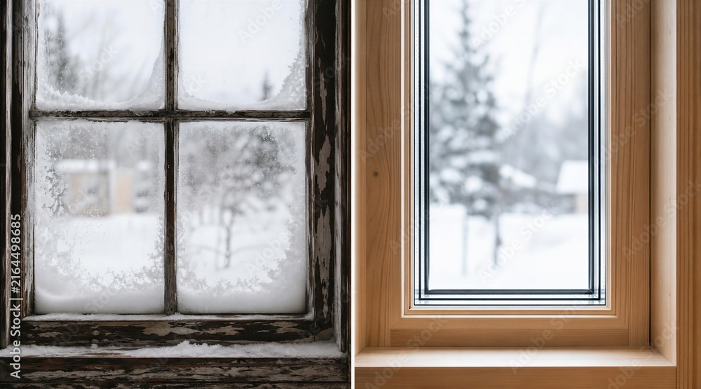 Fototapeta premium Old vs New Window Comparison Frost and Snow Winter View