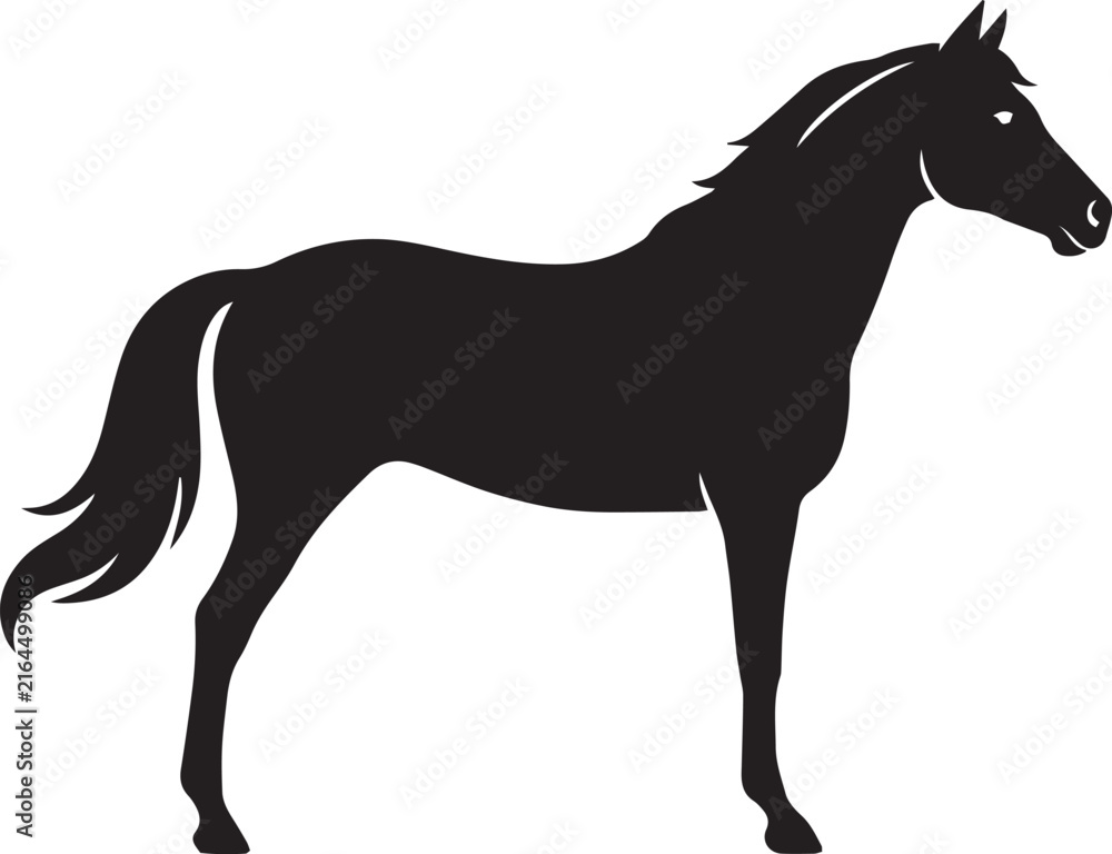 Fototapeta premium Black horse silhouette vector illustration, side view stallion icon isolated on white background