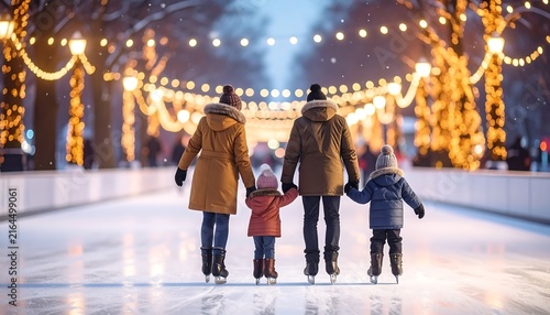 Family Ice Skating Together Outdoors During Winter Holiday Season.