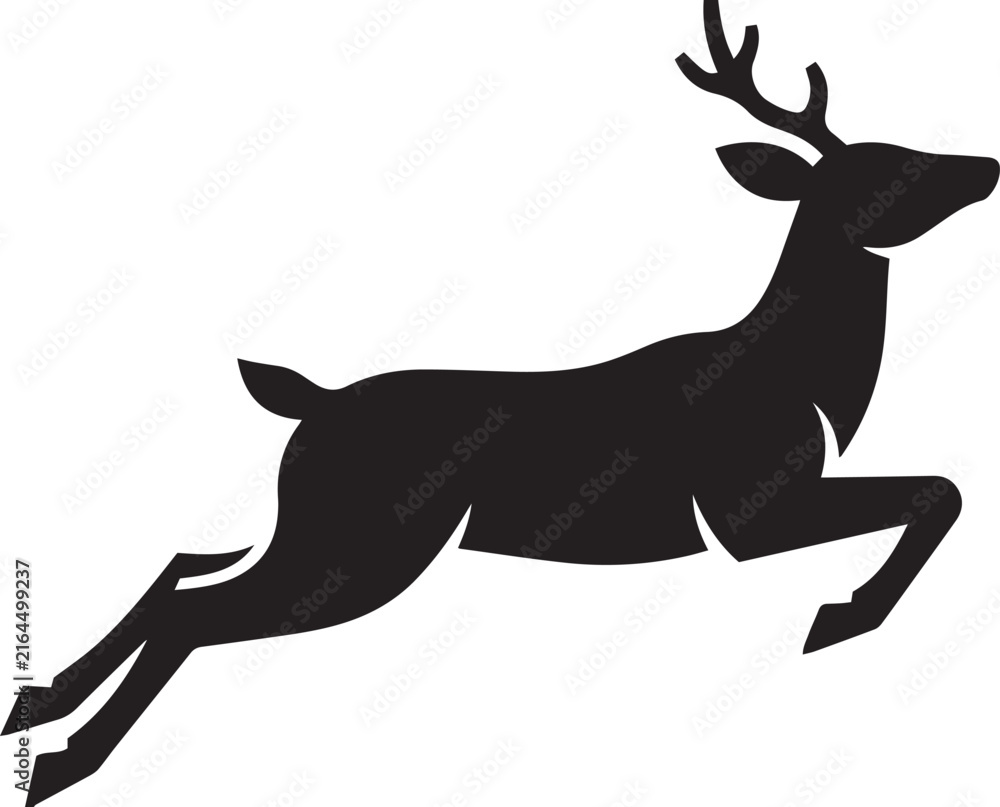 Fototapeta premium Black running deer vector silhouette isolated on white background, jumping reindeer illustration element
