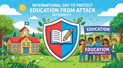 International Day to Protect Education from Attack September 9 colorful illustration shield book pencil school children banners greenery sun safe learning campaign   generative ai