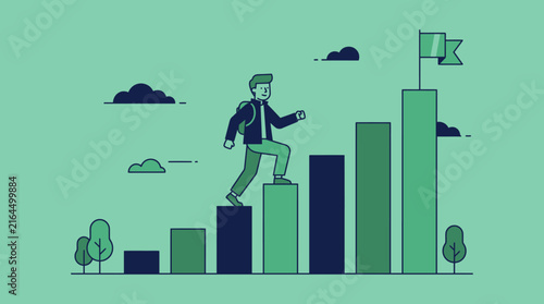 A determined young student climbs upward on a step-by-step progress bar toward a high goal flag