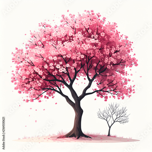 Pink Cherry Blossom Sakura Tree in Full Bloom Japanese Spring Floral Vector Illustration PNG Isolated on White
