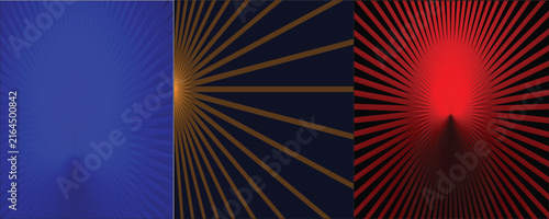 Abstract sunburst backgrounds in blue gold and red