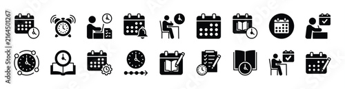 Timetable icon vector set. Contains calendar, time, clock, schedule, reminder, alarm, timer, deadline, productivity management, planning, organization, duration, efficiency - illustration