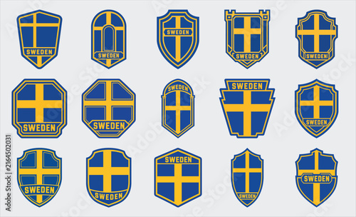 Sweden flag badge set with Nordic cross shield emblem vector collection