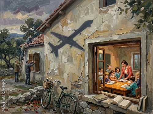 Children learning indoors with a shadow of a plane symbolizing the need for educational safety