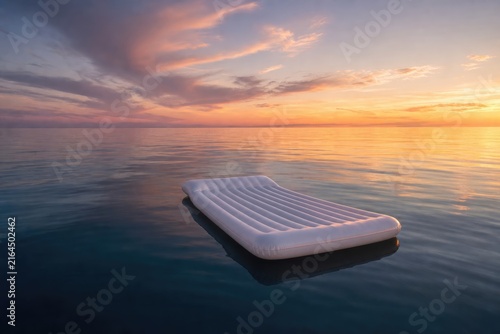 Floating inflatable mattress at tranquil twilight over serene ocean waters, golden hour sunset with pastel sky blending purples and oranges, peaceful relaxation vacation concept
